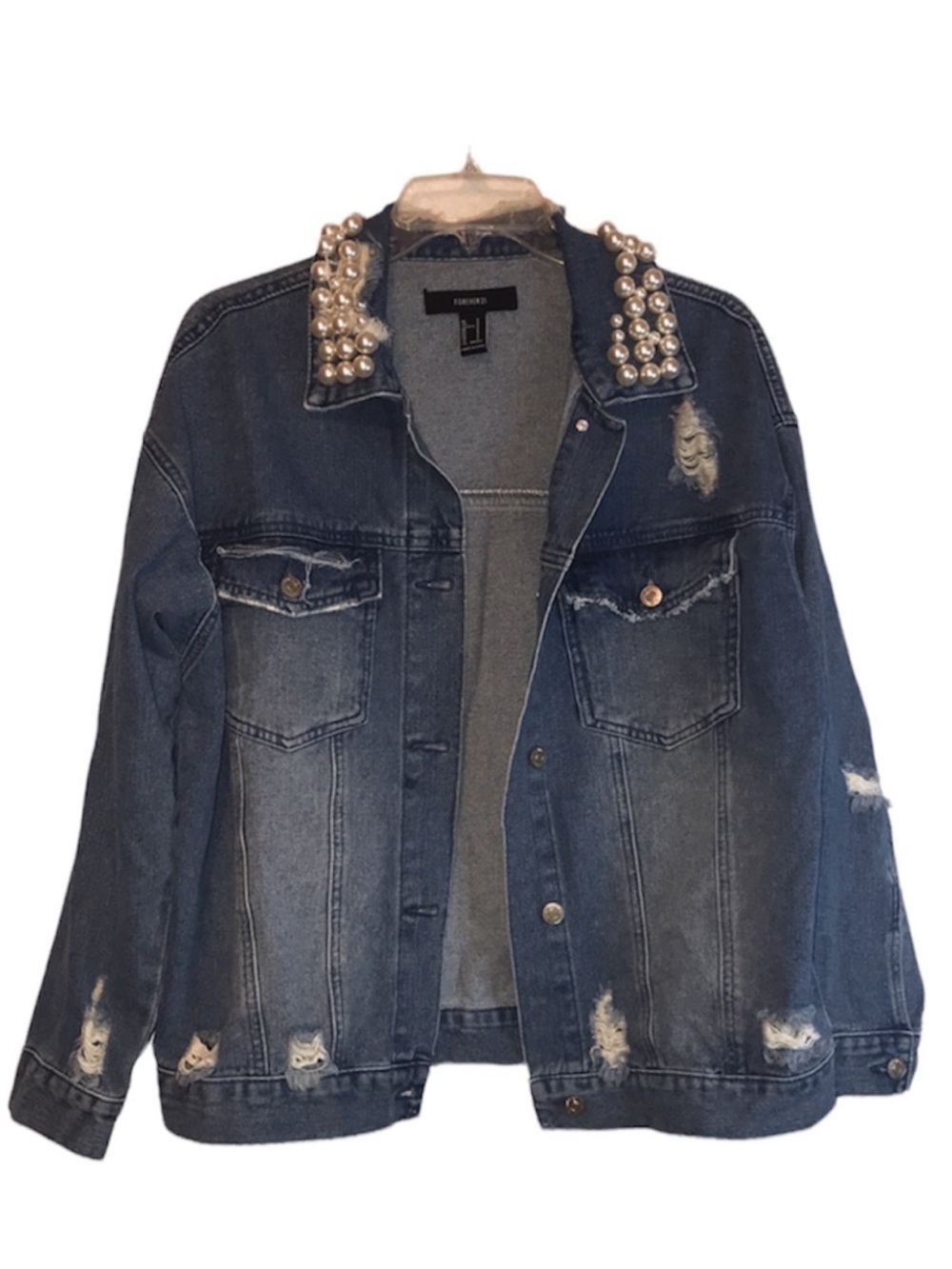 Forever 21 Pearl Distressed Oversized Trucker Denim Jacket Size S